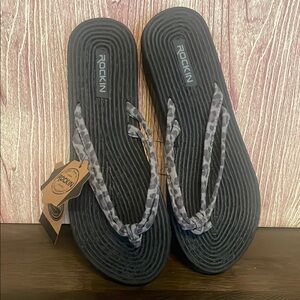 New Rockin Black Flip Flops with Leopard Straps